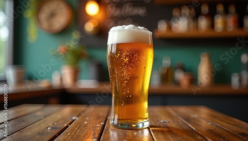 Glass of wheat beer on a wooden table surrounded by retro style decorations and bubbles in the background, vintage, glass, beer photo