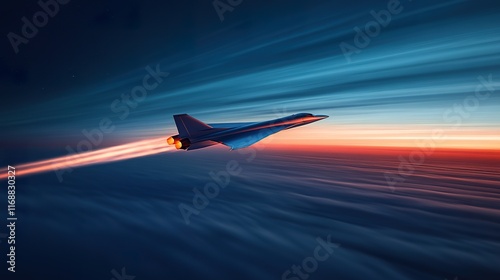 A sleek jet plane streaking through the sky at supersonic speeds, leaving a vapor trail behind, with the horizon curving beneath it