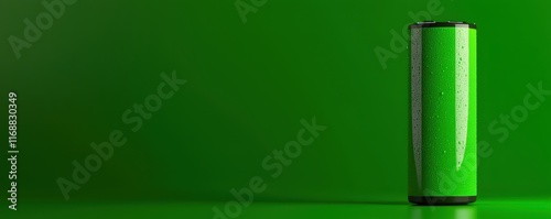 A vibrant green beverage canister against a solid green backdrop, representing freshness and modern design. photo