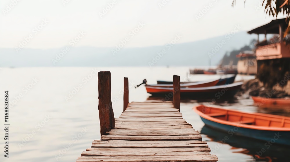 Naklejka premium A serene view of a wooden dock extending into calm waters, surrounded by colorful boats and a gentle landscape.