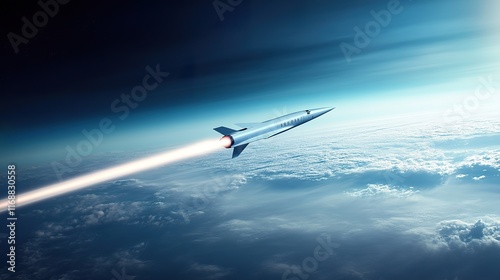 A sleek jet plane streaking through the sky at supersonic speeds, leaving a vapor trail behind, with the horizon curving beneath it