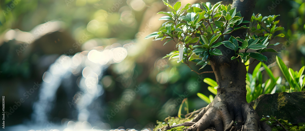 Fototapeta premium Tranquil Scene of a Small Tree Growing Near a Flowing Stream in a Lush Green Environment