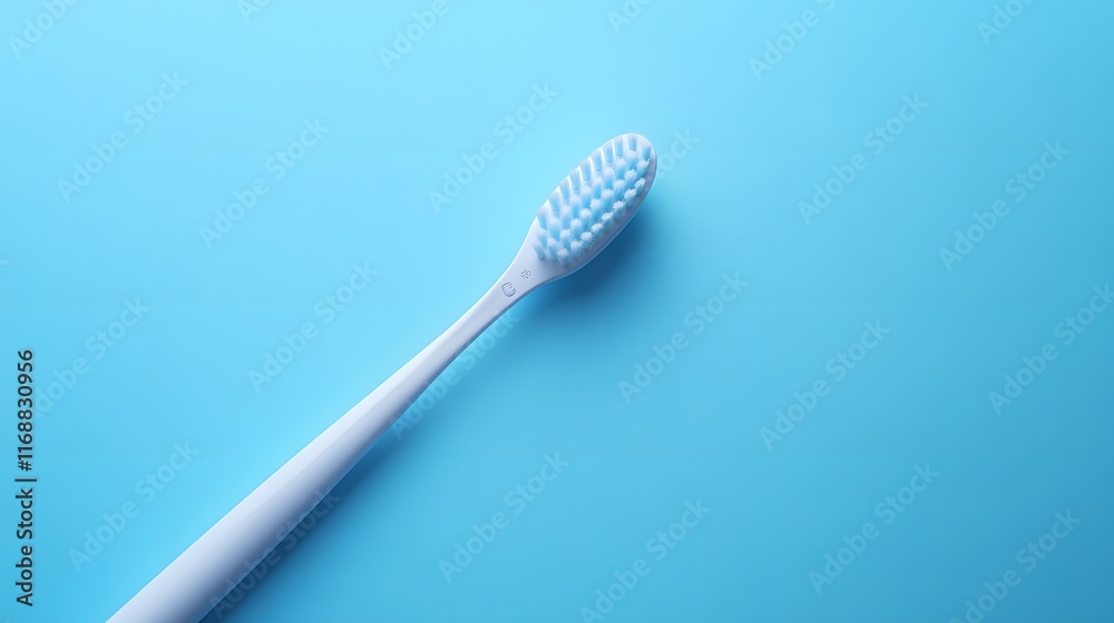 A modern white electric toothbrush on a light blue background features ultra-detailed bristles in a minimalist dental care product photography style. A modern white electric toothbrush on a light blue background features ultra-detailed bristles in a minimalist dental care product photography style.