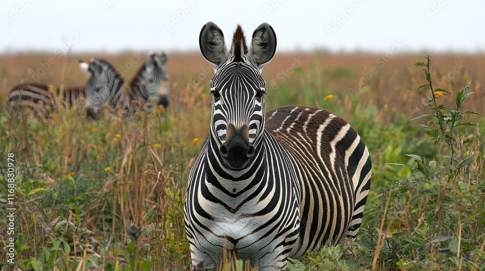 Fototapeta premium Close-up of a zebra in a field, other zebras in the background.