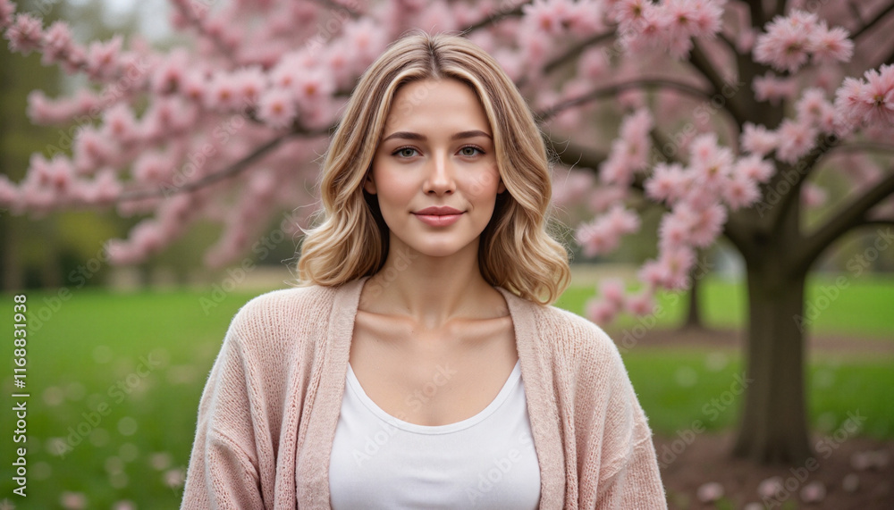 Smiling woman in a serene pose among cherry blossom trees Smiling woman in a serene pose among cherry blossom trees