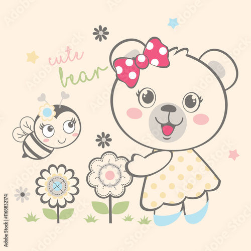 Adorable bear vector in a flower garden enjoying sweet honey.