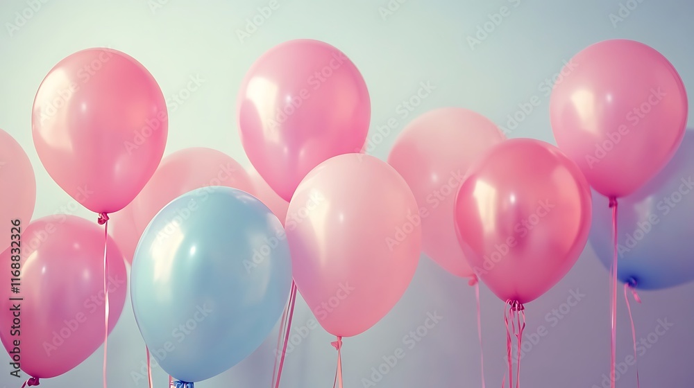 Pink and Blue Balloons Float Gently Against a Soft Background Pink and Blue Balloons Float Gently Against a Soft Background