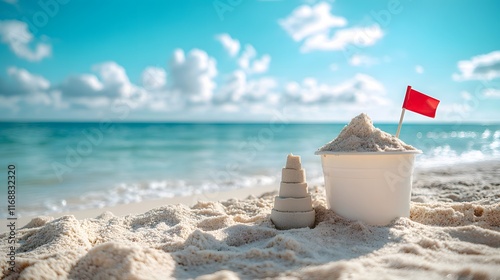A white plastic beach bucket and shovel next to a sandcastle with a red flag evoke summer vacation vibes on a sandy beach with turquoise ocean background.