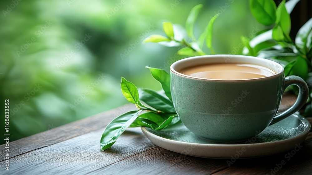Serene Morning Coffee Scene with Fresh Green Leaves and Soft Focus Background, Capturing the Essence of Relaxation and Nature's Beauty for Stock Photography Needs Serene Morning Coffee Scene with Fresh Green Leaves and Soft Focus Background, Capturing the Essence of Relaxation and Nature's Beauty for Stock Photography Needs