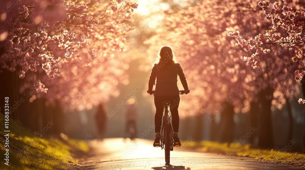 Fototapeta premium Person Biking Through Beautiful Blossom Tree-Lined Pathway