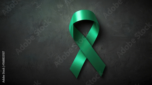 Green Awareness Ribbon on Dark Textured Background Concept photo