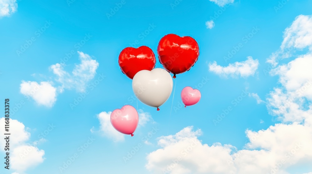 Romantic Heart Shaped Balloons Floating in a Blue Sky with Fluffy Clouds Romantic Heart Shaped Balloons Floating in a Blue Sky with Fluffy Clouds