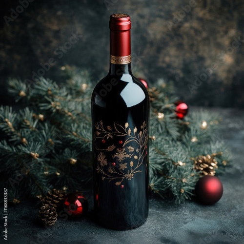 Elegant wine bottle with floral design amidst Christmas ornaments and pine branches.