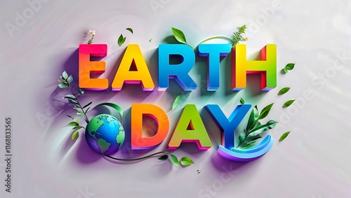 A vibrant Earth Day design featuring colorful 3D text surrounded by green leaves and plants, symbolizing nature and sustainability. A globe illustration enhances the eco-friendly theme.