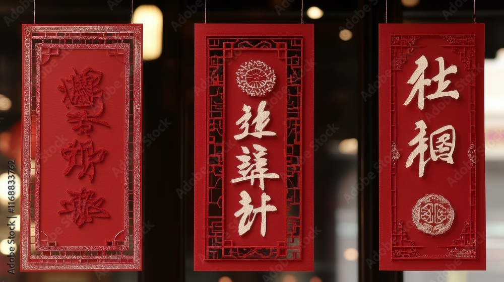 Fototapeta premium Red Chinese New Year Decorations with Intricate Calligraphy and Auspicious Symbols Hanging