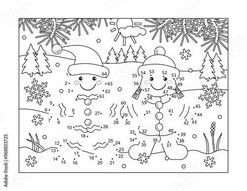 Gingerbread man and gingerbread girl walking in outdoor winter scene connect the dots hidden picture puzzle and coloring page
