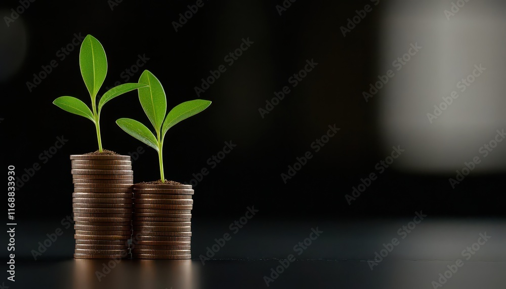 Conceptual image of growth and investment with coins and young plants symbolizing financial prosperity. Conceptual image of growth and investment with coins and young plants symbolizing financial prosperity.
