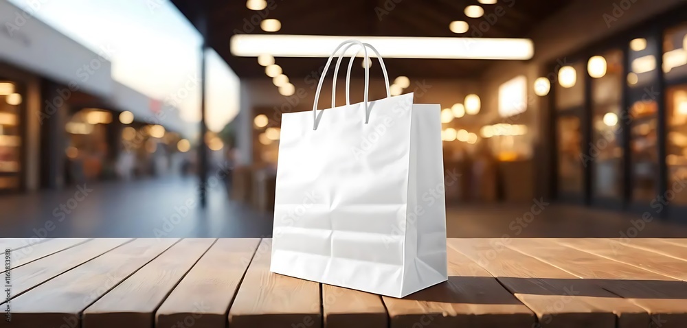 White Paper Shopping Bag On Wooden Tabletop White Paper Shopping Bag On Wooden Tabletop