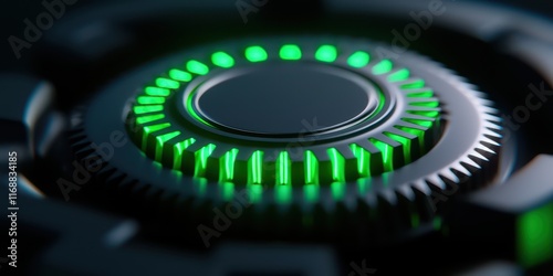 Detailed close-up of a modern control knob with green backlight, highlighting innovative design and functionality.