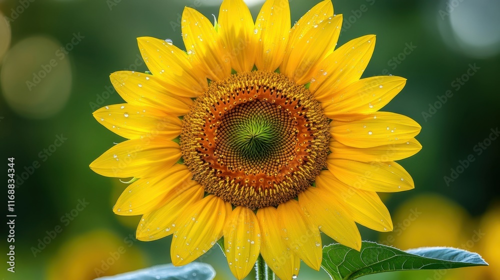 Obraz premium Bright and Cheerful Sunflower in Full Bloom Surrounded by Green Leaves and Natural Background Featuring Soft Bokeh Effect and Dew Drops on Petals