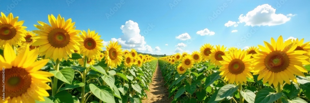 Fototapeta premium Massive sunflower field, towering blooms under blue sky, landscape, scenery, helianthus annuus