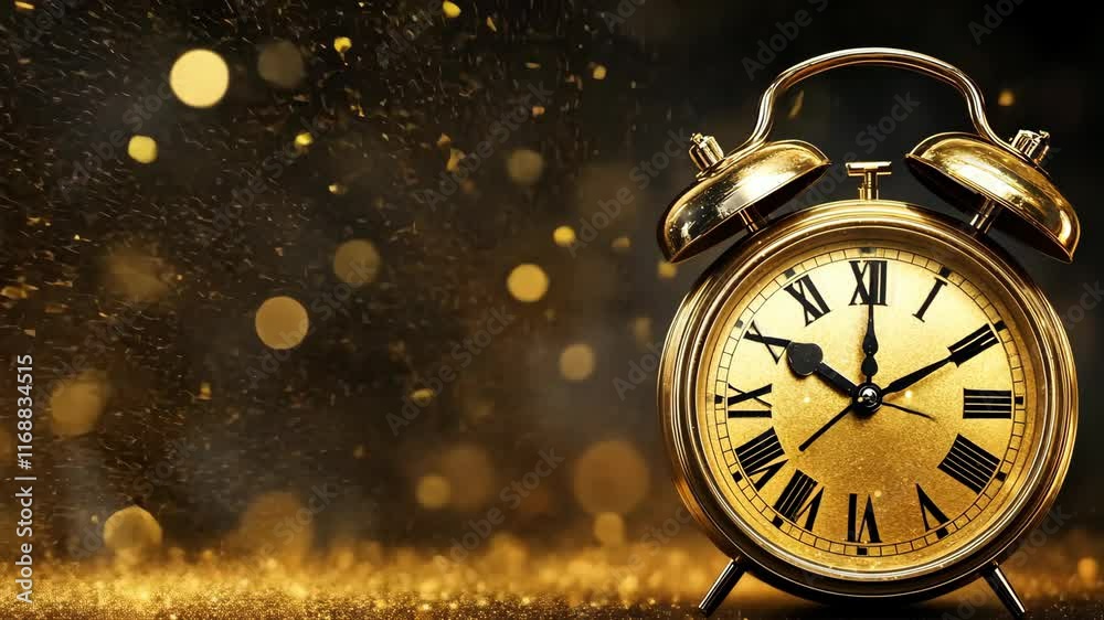 Golden alarm clock surrounded by sparkling bokeh lights creates a festive ambiance for celebrating special moments Golden alarm clock surrounded by sparkling bokeh lights creates a festive ambiance for celebrating special moments