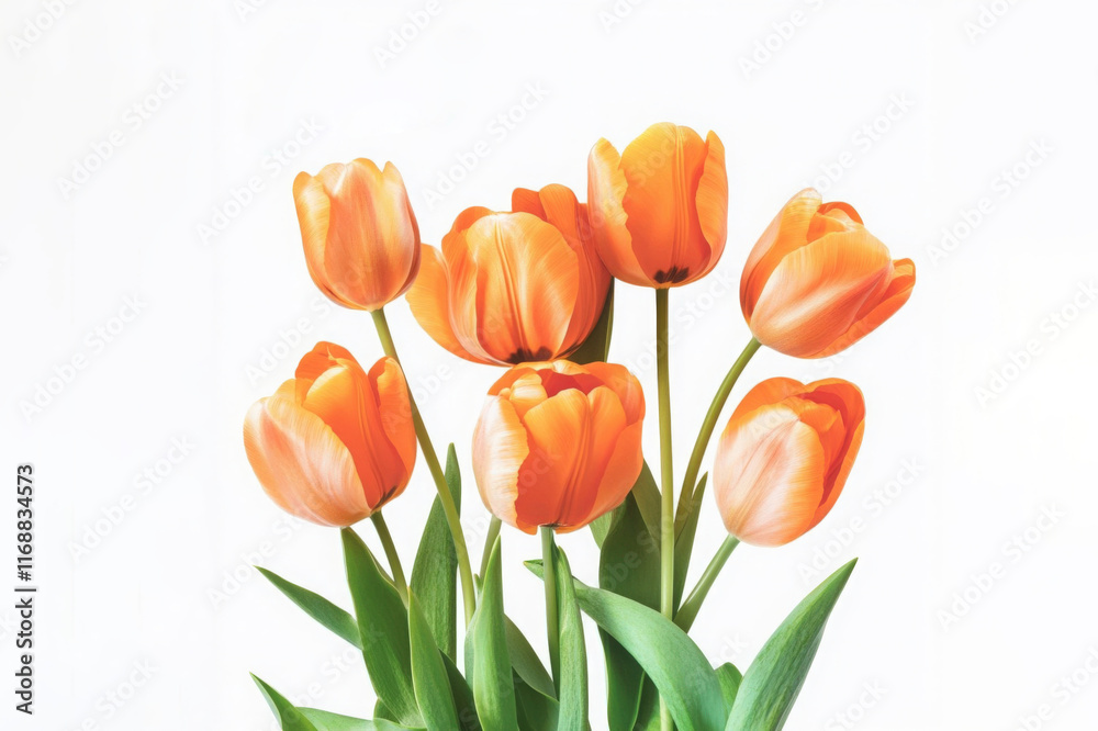 Elegant Orange Tulips with Blank Card on White Background. Mother's Day, Valentine's Day, International Women's Day, March 8th Elegant Orange Tulips with Blank Card on White Background. Mother's Day, Valentine's Day, International Women's Day, March 8th