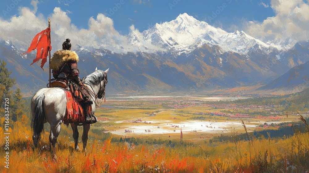 A lone rider surveys a majestic mountain landscape. A lone rider surveys a majestic mountain landscape.