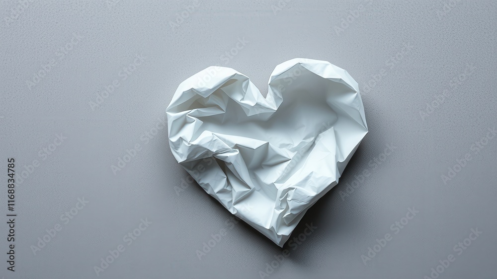 A crumpled white paper heart shape on a gray background signifying lost love or discarded affection A crumpled white paper heart shape on a gray background signifying lost love or discarded affection
