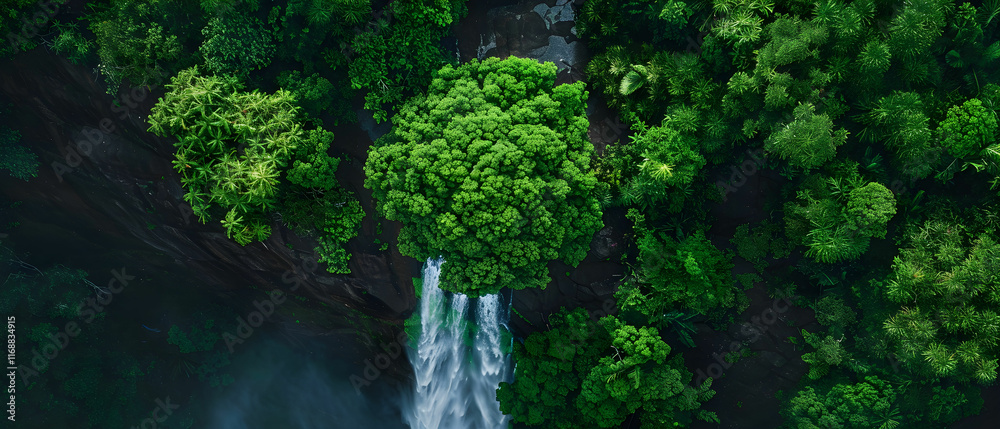Aerial View of Lush Tropical Jungle with Majestic Waterfall Cascading Through Dense Green Foliage Aerial View of Lush Tropical Jungle with Majestic Waterfall Cascading Through Dense Green Foliage