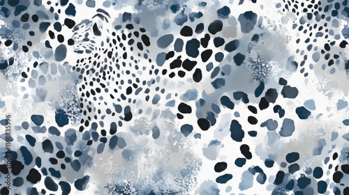 Abstract leopard print pattern featuring watercolor spots in blue and black