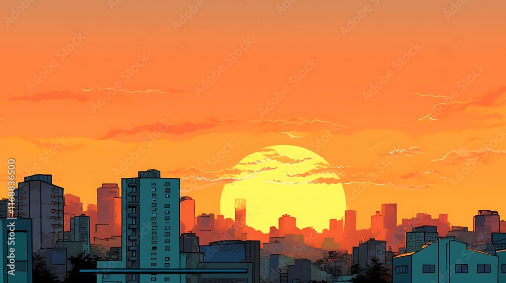 Naklejka premium City Skyline Sunset Orange Hues Warm Glow