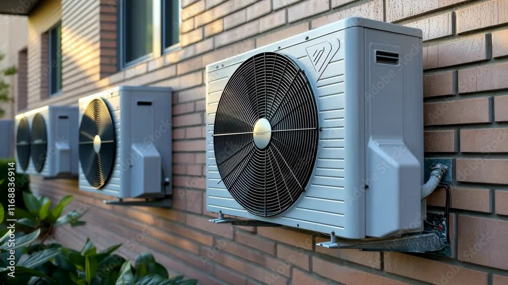 Outdoor air conditioning units installed on a brick wall in a residential area during warm weather