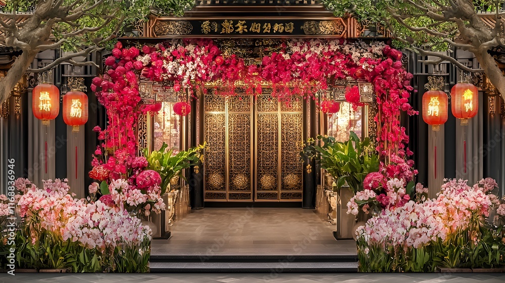 Fototapeta premium Festive Chinese New Year Entrance Flowers Lanterns Asian Architecture
