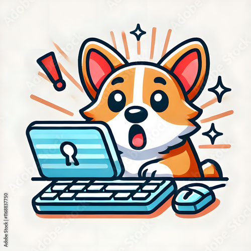 An icon of a corgi typing on a computer looking surprised on a white background