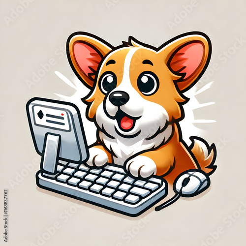 An icon of a corgi typing on a computer looking surprised on a white background