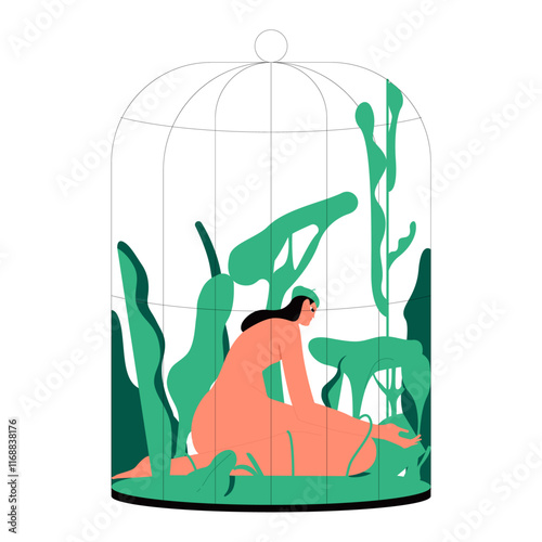 Woman locked in cage. Psychology concept of mental health and recovery from depression. Person inside self, her inner world. Naked female in birdcage. Vector illustration isolated on white background.