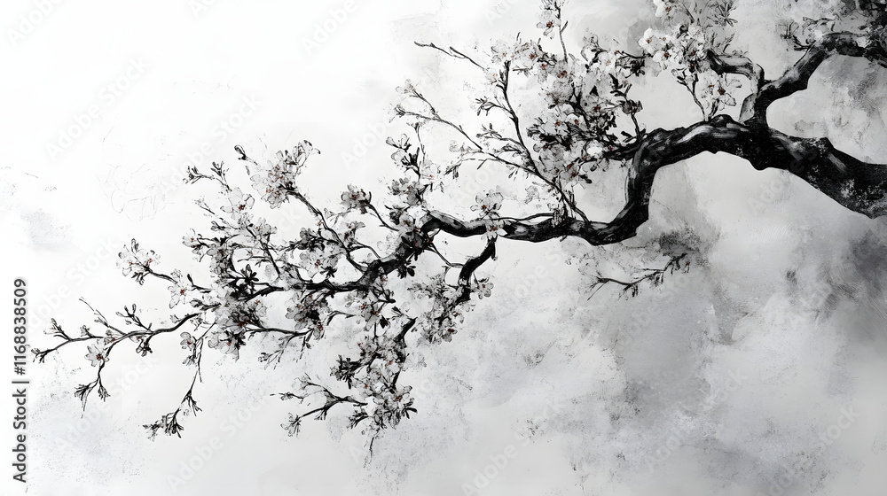 A graceful tree branch laden with delicate blossoms against a textured, muted background. A graceful tree branch laden with delicate blossoms against a textured, muted background.