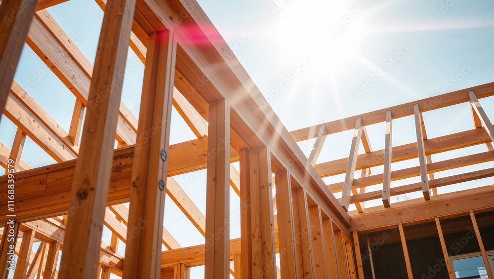 Construction of a wooden frame building under bright sunlight in an open landscape Construction of a wooden frame building under bright sunlight in an open landscape