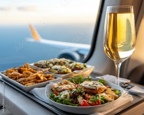 Savor gourmet dining experience while flying above clouds, a vibrant display of a mother's family where love and values are at the heart of every interaction, featuring tasty meals, salads, and