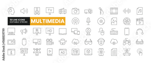 Set of 50 Multimedia line icons set. Multimedia outline icons with editable stroke collection. Includes Television, VR, Photo, Video, Augmented Reality, and More.