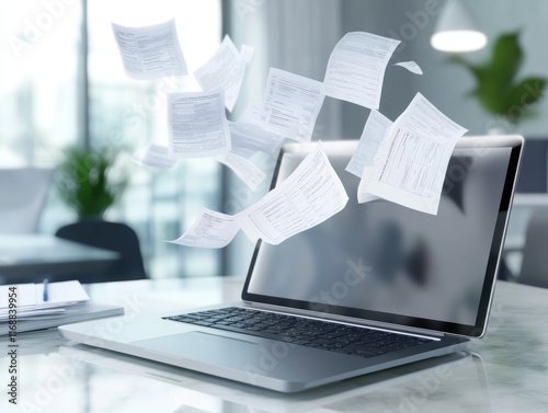 Paper tax forms transforming into digital documents floating above laptop in modern office.