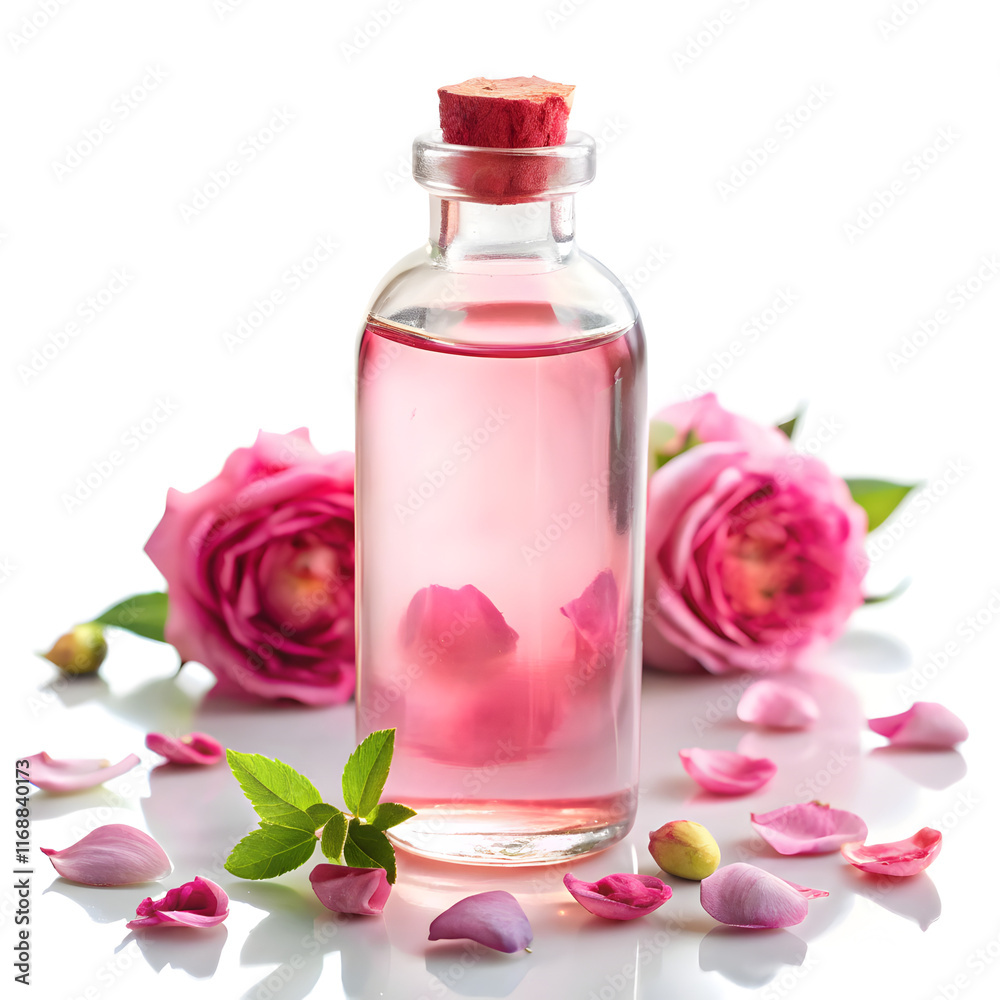 Rose water in bottle and rose petals on white background Rose water in bottle and rose petals on white background