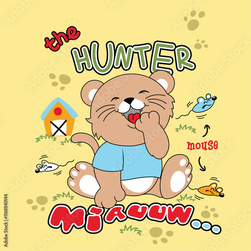 Cute cat hunting a mouse and laughing happily in a playful vector illustration
