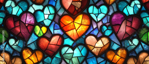 Colorful stained glass hearts in vibrant hues create warm and artistic mosaic design.