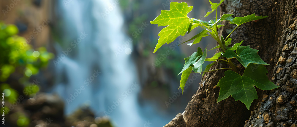 Fototapeta premium Close-Up of Green Leaves on a Tree Trunk with Waterfall in the Background Surrounded by Lush Forest Environment