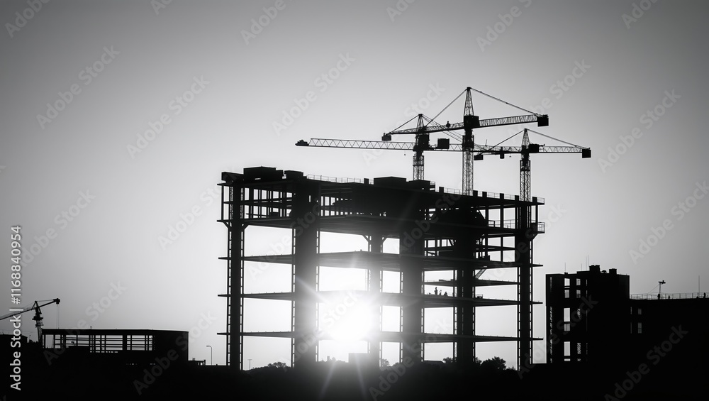 Construction of a modern building silhouette against the sunset with cranes in an urban setting Construction of a modern building silhouette against the sunset with cranes in an urban setting
