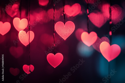 Romantic glowing pink heart lights hanging on branches in a dreamy dark background for Valentine's Day or love-themed designs.