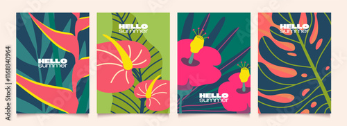 Abstract summer background with tropical leaves and flowers. Modern minimalist templates for poster, card, party, celebration, banner, cover, sale. Vector illustration. photo