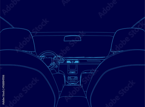 Blue car interior with a steering wheel and a dashboard.